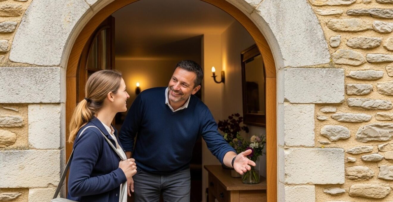 Interaction chaleureuse entre un hôte et un visiteur dans un cadre d’hébergement de charme en Val de Loire