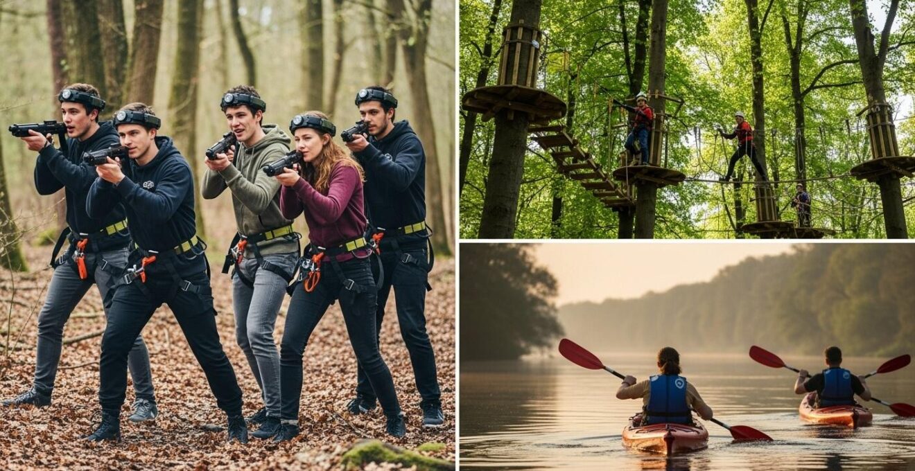 Jeunes adultes pratiquant laser game en foret, parcours accrobranche et kayak en Val de Loire