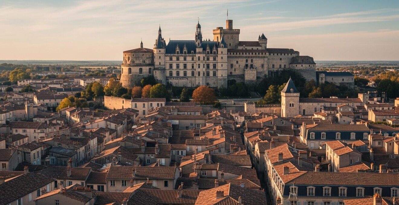 Vue panoramique d'Amboise avec ses bâtiments Renaissance historiques et un éclairage naturel doux au coucher du soleil