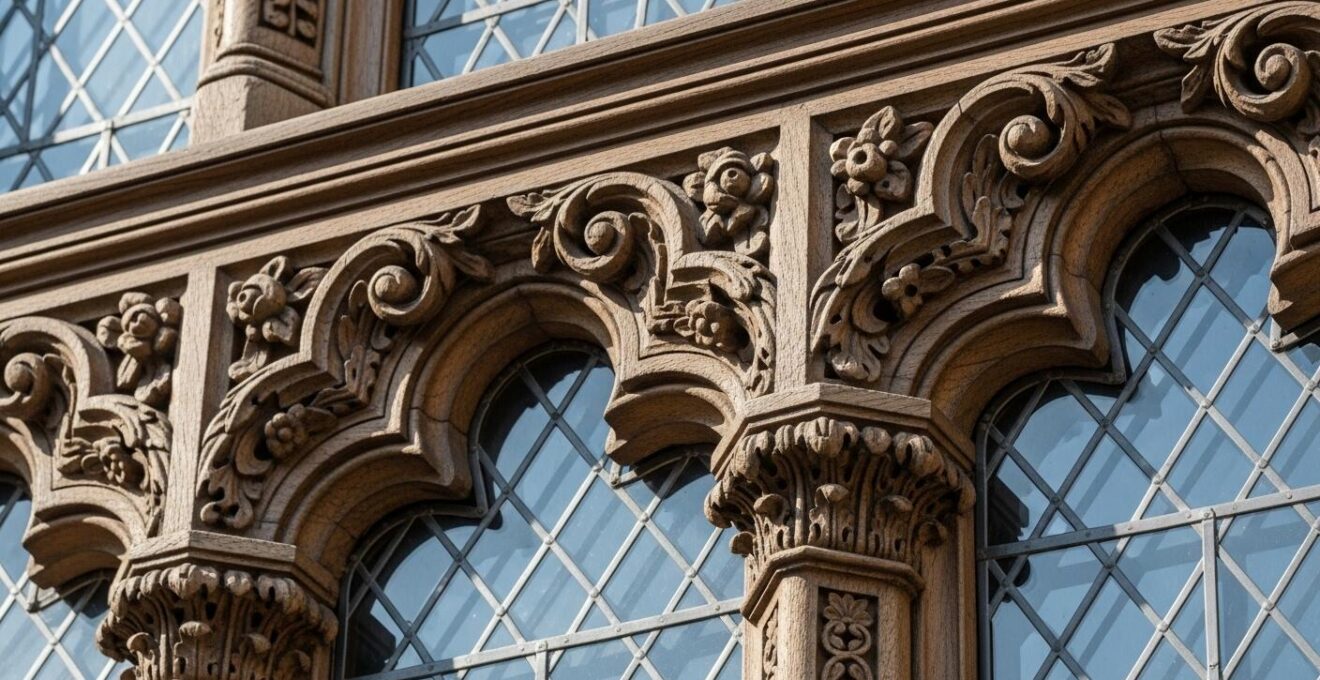 Détail architectural d'une fenêtre à meneaux et sculptures décoratives sur un château Renaissance