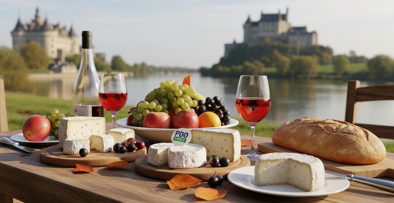 Paysage de la vallée de la Loire avec une table rustique garnie de spécialités gastronomiques locales, fromages, vins et fruits de saison