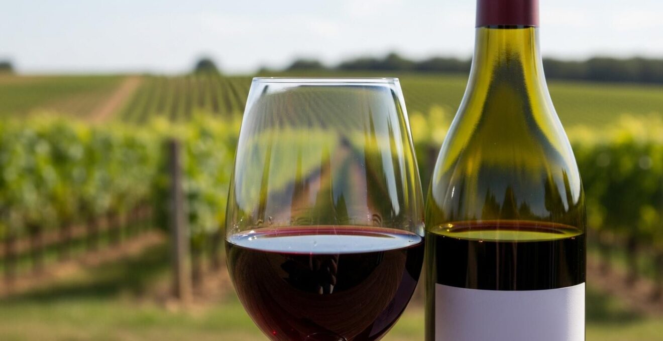Gros plan sur une bouteille et un verre de vin rouge de Chinon, avec un fond flou d'un paysage viticole