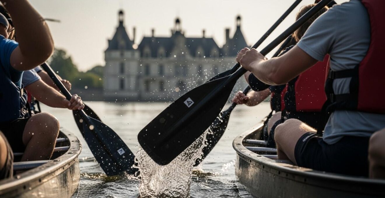 Canoë avec plusieurs personnes pagayant doucement sur la Loire, châteaux visibles en arrière-plan sous un ciel clair