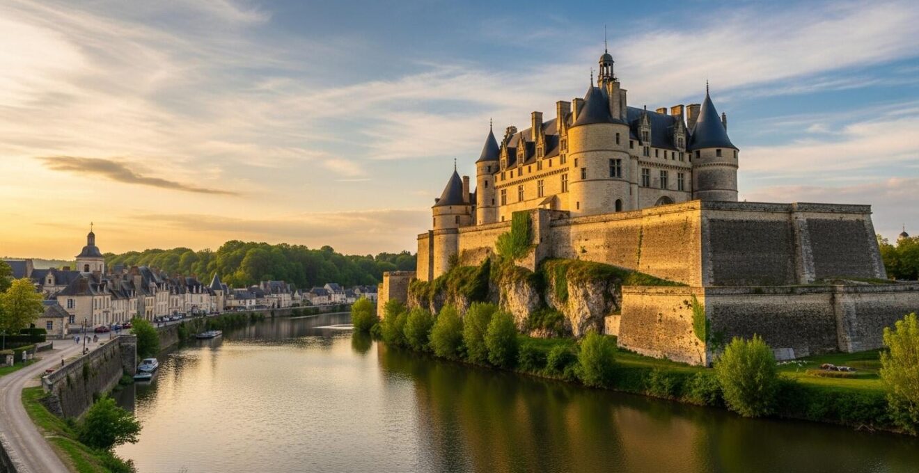 Panorama photoréaliste du Château de Chinon surplombant la Vienne avec une lumière douce au coucher du soleil