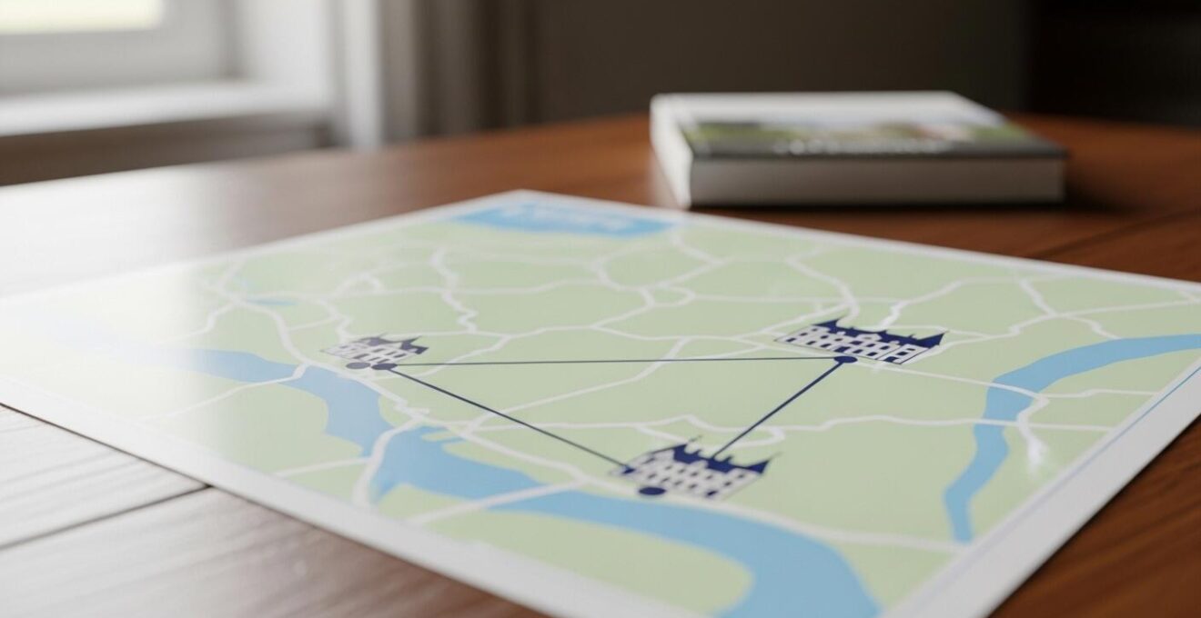 Carte stylisée montrant trois sites de visite jumelés en un circuit cohérent dans le Val de Loire