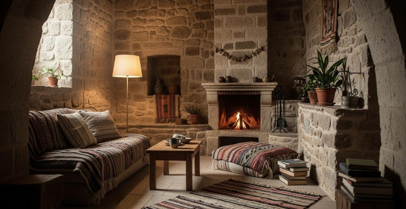 Intérieur chaleureux d'une habitation troglodytique avec lumière douce et textures de pierre visibles