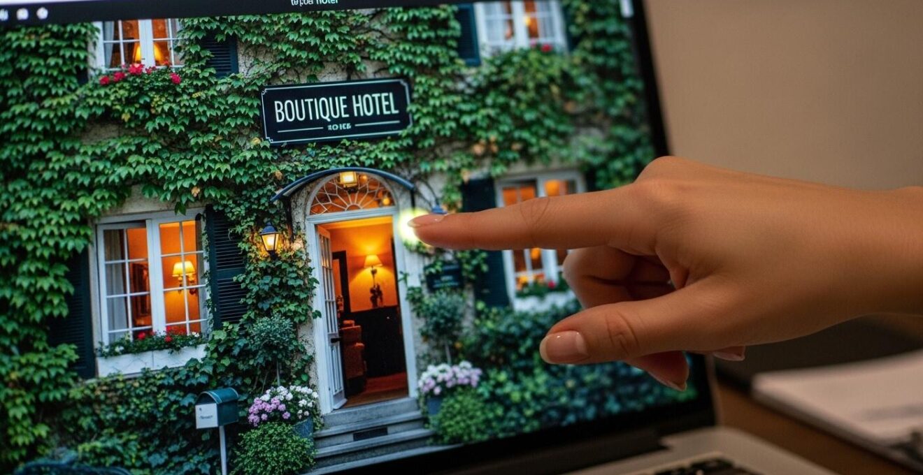 Détail d’une main consultant un écran d’ordinateur montrant un site d’hébergement avec photos d’un lieu de charme