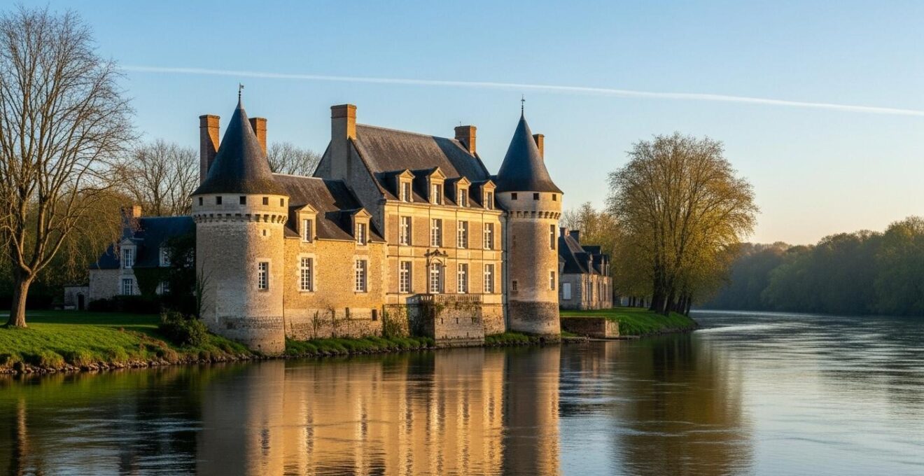 Vue panoramique d'un manoir historique au bord de la Loire avec un paysage naturel charmant au lever du soleil