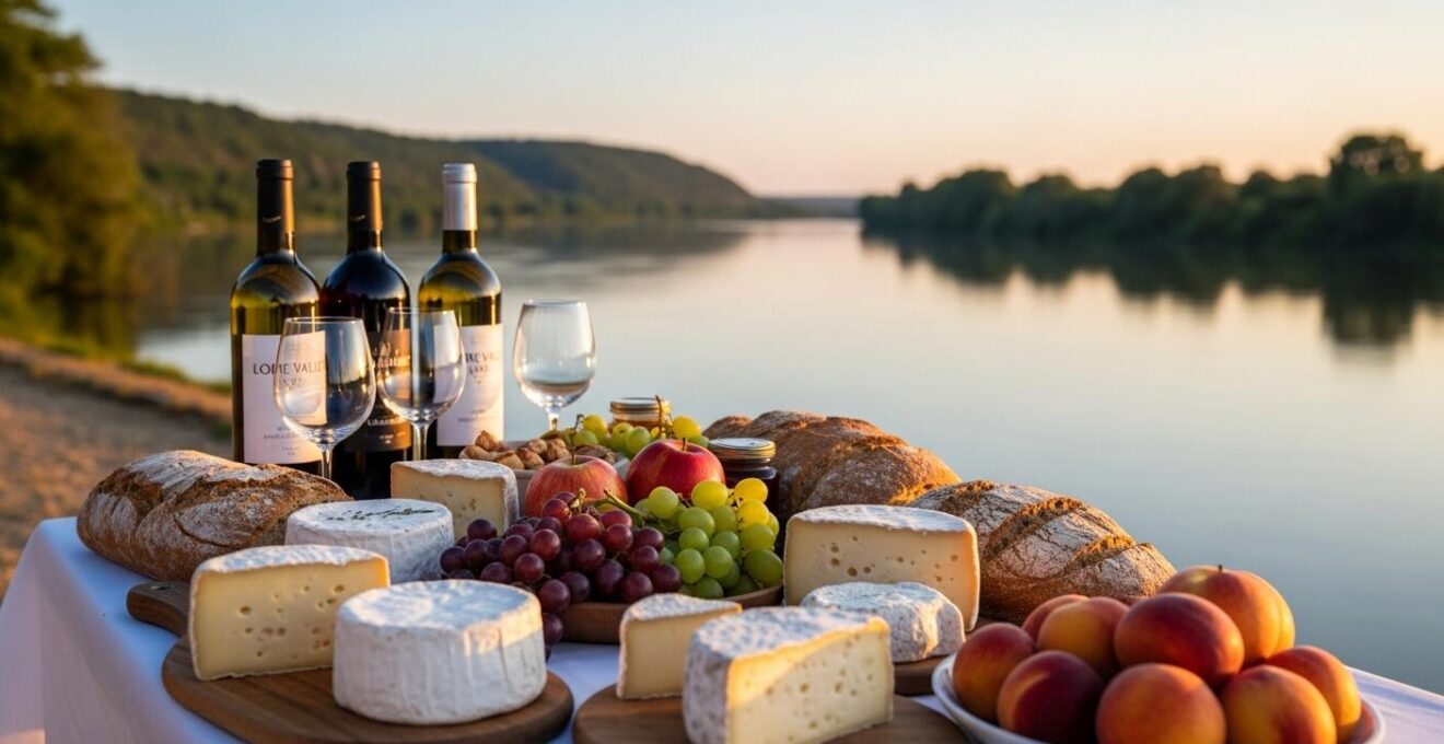 Photographie réaliste d'une table dressée en plein air au bord de la Loire avec divers produits locaux et vins, paysage du Val de Loire en arrière-plan.