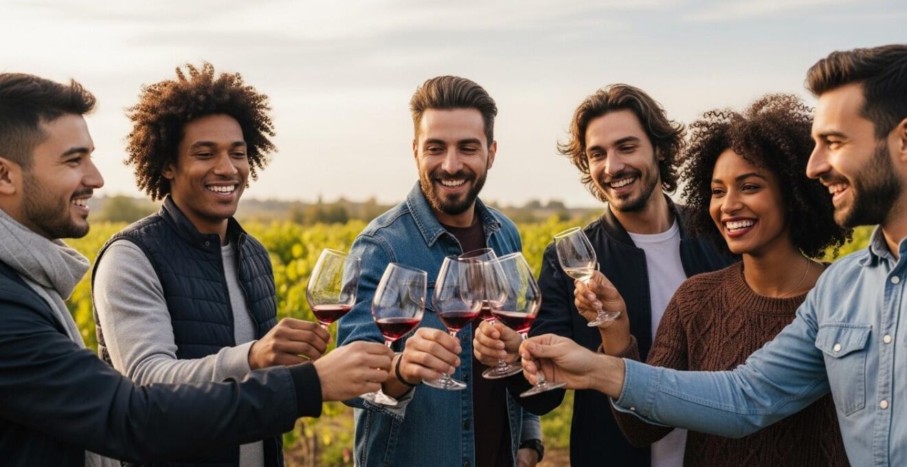Groupe d'amis riant et dégustant du vin ensemble dans un vignoble du Val de Loire par une belle journée ensoleillée