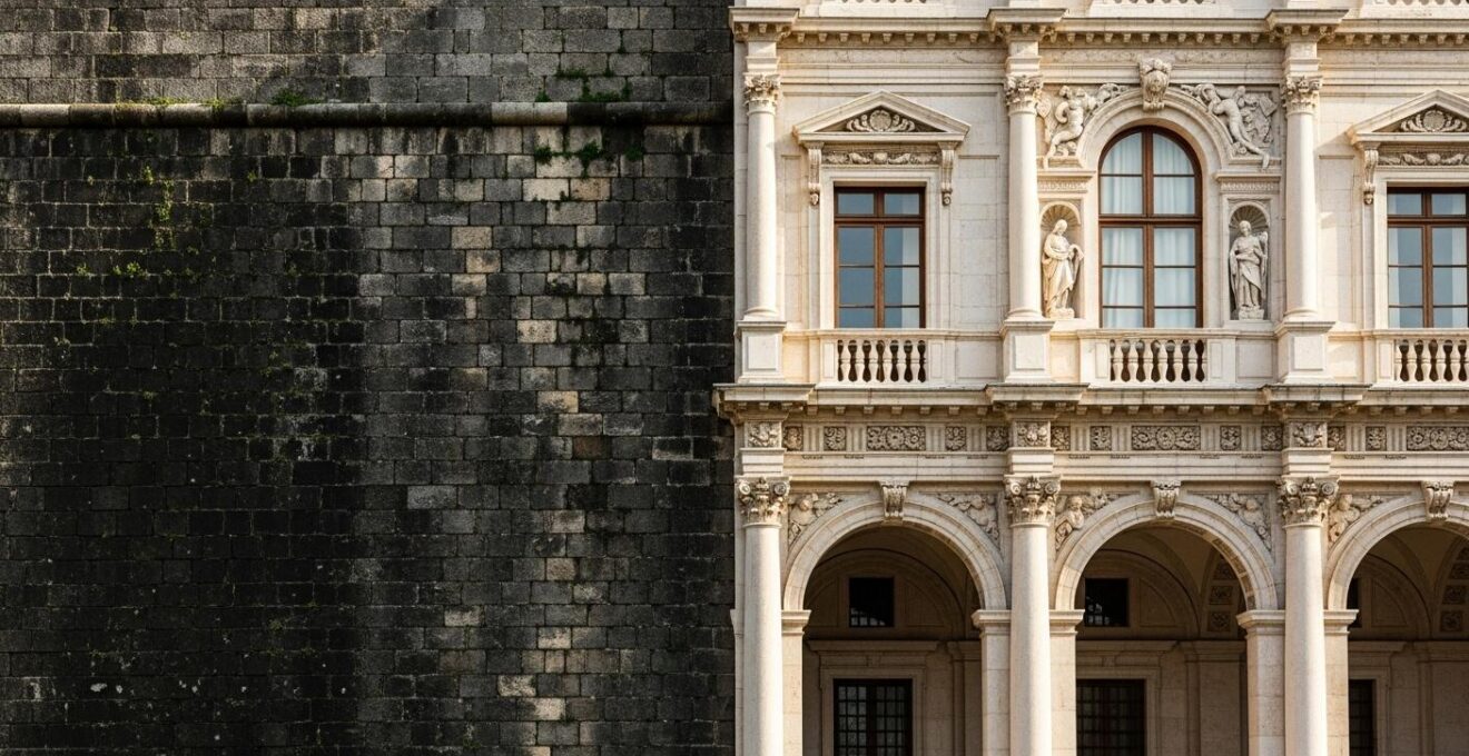 Comparaison symbolique entre une structure fortifiée médiévale et un palais Renaissance ouvert et décoré
