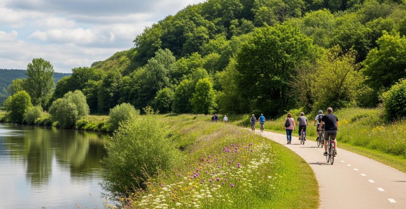 Vue environnementale large sur un chemin de randonnée bordant la Loire avec cyclistes, visiteurs et paysage naturel embaumant le calme et la richesse culturelle de la vallée