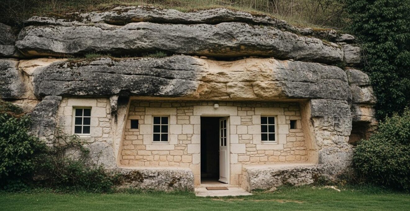 Vue hyperréaliste d'une habitation troglodytique dans le Val de Loire, intégrée à la roche naturelle avec lumière naturelle douce