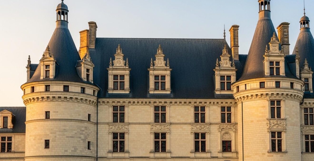 Photographie réaliste montrant la façade principale d'un château Renaissance du Val de Loire avec détails architecturaux caractéristiques