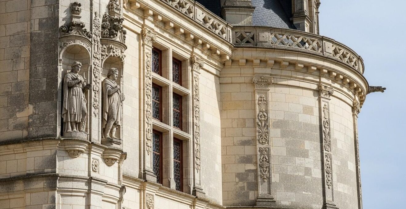Photographie d'une façade détaillée d'un château de la Renaissance dans le Val de Loire sous une lumière naturelle douce
