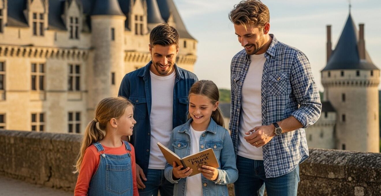 Famille d'enfants jouant à un jeu de piste dans un château historique du Val de Loire au soleil