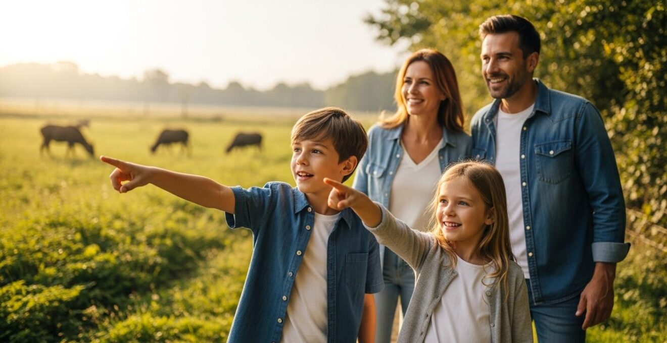 Famille joyeuse avec enfants découvrant la nature et la faune dans le Val de Loire