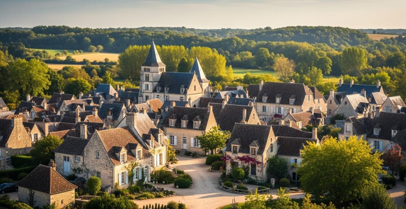 Vue panoramique d'un village typique du Val de Loire avec ses maisons en pierre et un paysage verdoyant sous lumière naturelle