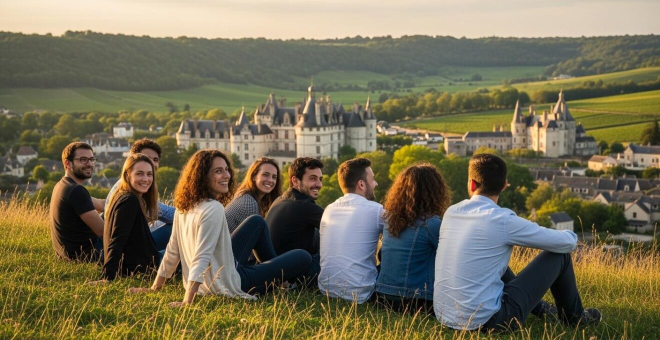 Groupe d'amis souriants profitant d'une vue panoramique sur les châteaux et vignobles du Val de Loire au coucher du soleil