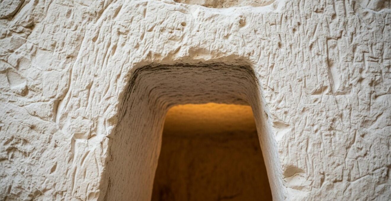 Détail d'une maison troglodytique creusée dans la pierre calcaire avec textures visibles