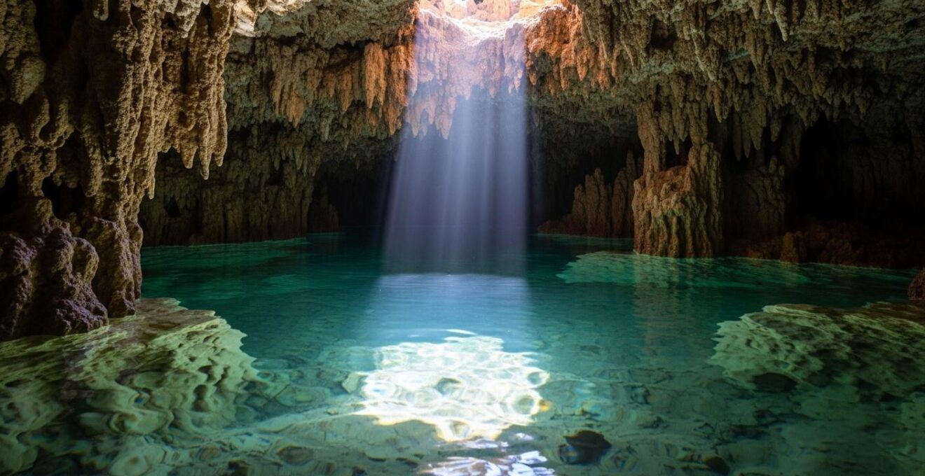 Photographie d’une piscine troglodytique intérieure dans un hôtel du Val de Loire, avec lumière naturelle et ambiance chaleureuse