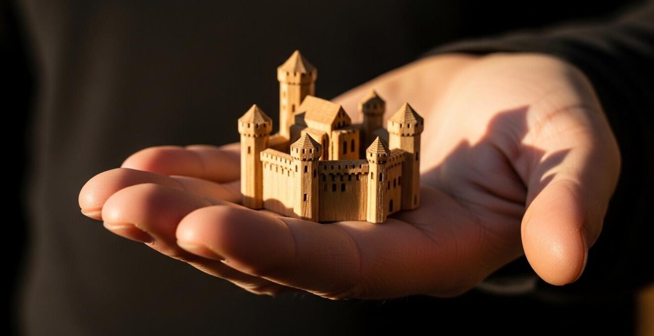 Illustration symbolique d’une main tenant délicatement un petit modèle de château en bois