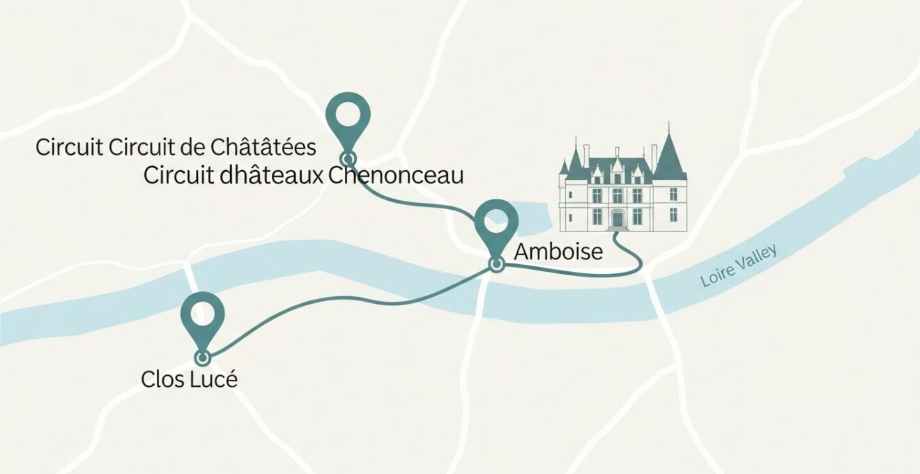 Carte stylisée montrant un itinéraire en boucle avec trois châteaux majeurs du Val de Loire reliés par une route