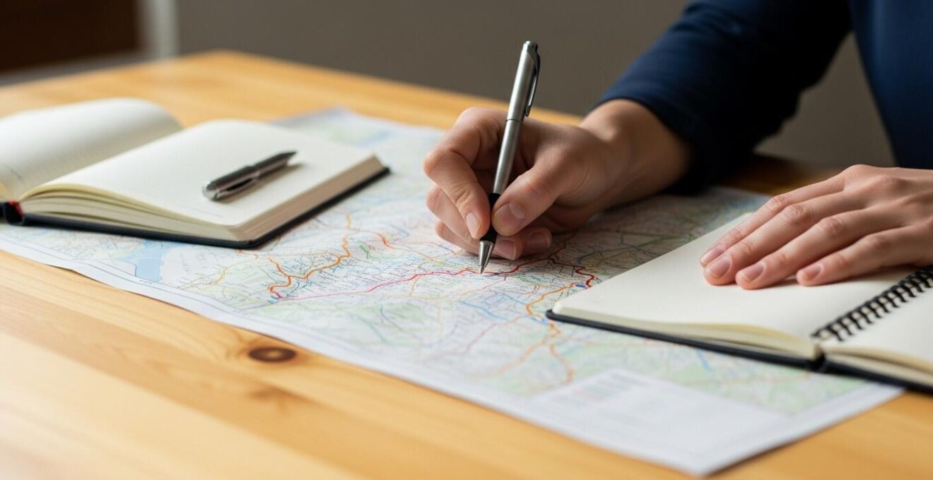 Une main planifiant un itinéraire touristique avec carte et carnet de notes sur une table en bois