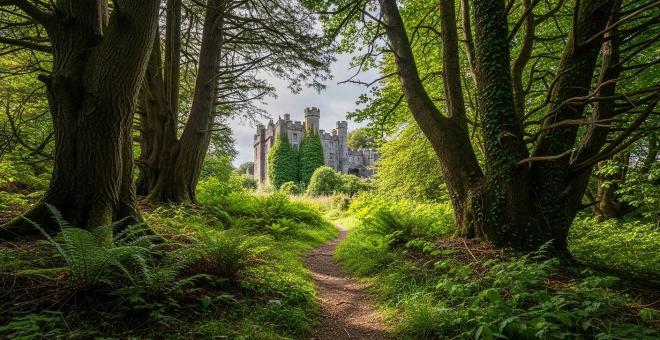 Photographie réaliste de sentier forestier menant à un petit bâtiment caché dans la nature à Chambord