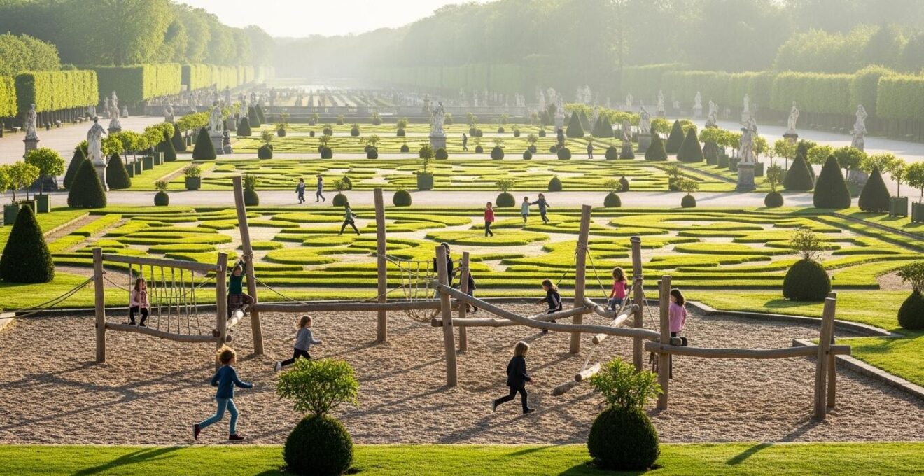 Enfants courant et jouant dans un grand jardin paysager du Val de Loire sous un ciel clair