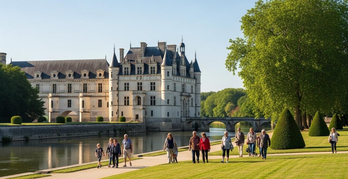 Vue panoramique d'une journée parfaite en Val de Loire avec châteaux, rivière et visiteurs flânant paisiblement