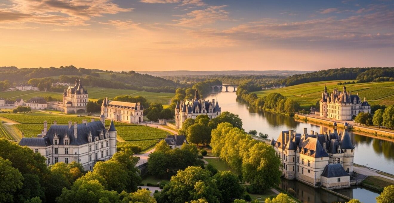 Vue panoramique estivale d'un ensemble de châteaux de la Renaissance en Val de Loire