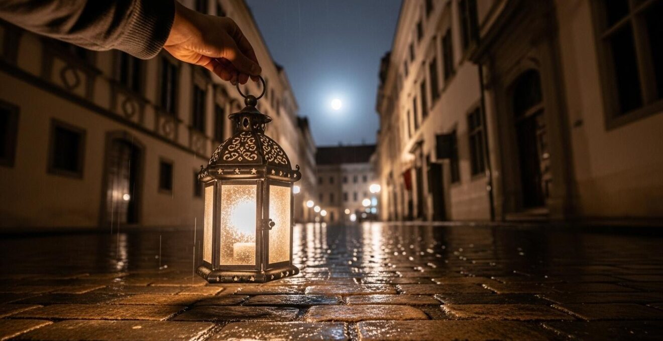 Illustration d'une lanterne ancienne éclairant un chemin de ruelles historiques d'Amboise la nuit