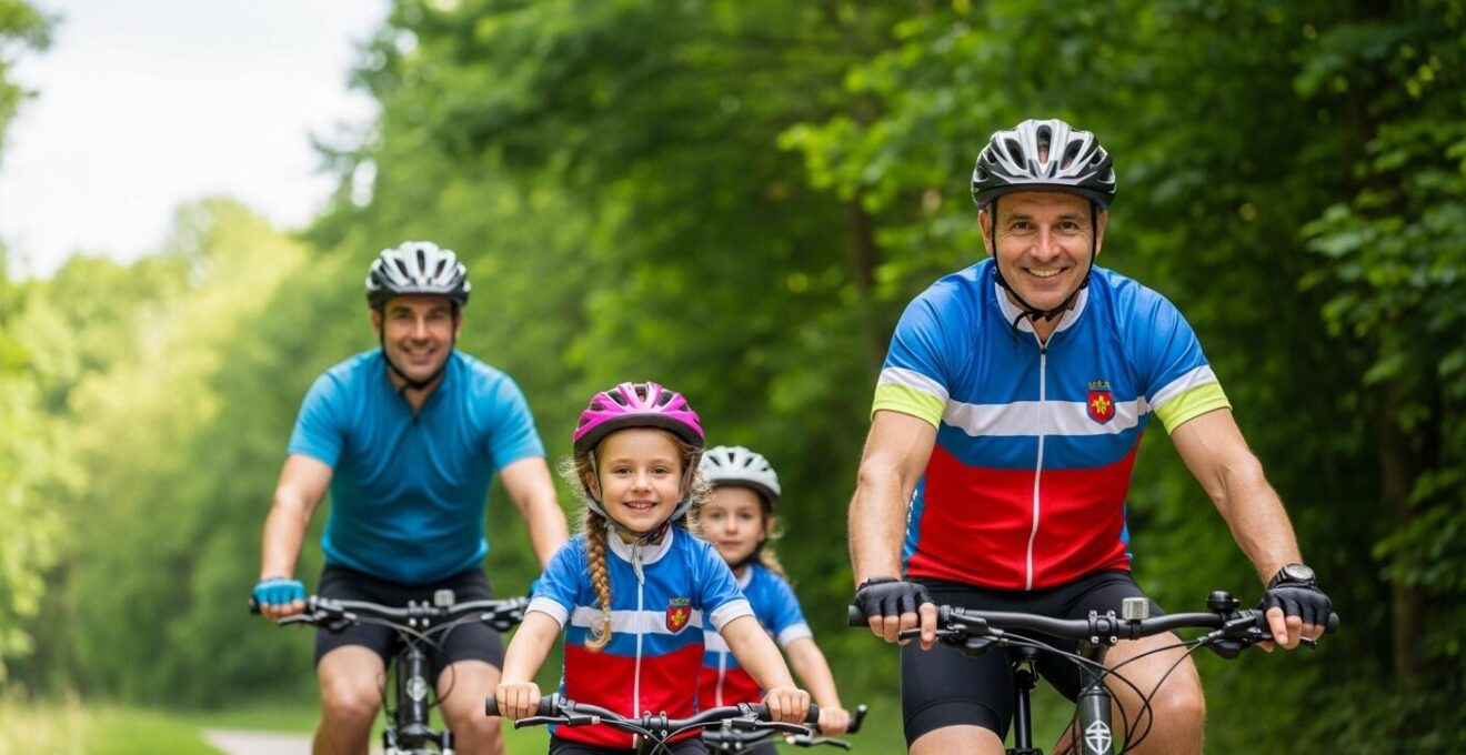 Famille souriante faisant une balade à vélo sur une piste cyclable bordée de paysages nature en Val de Loire