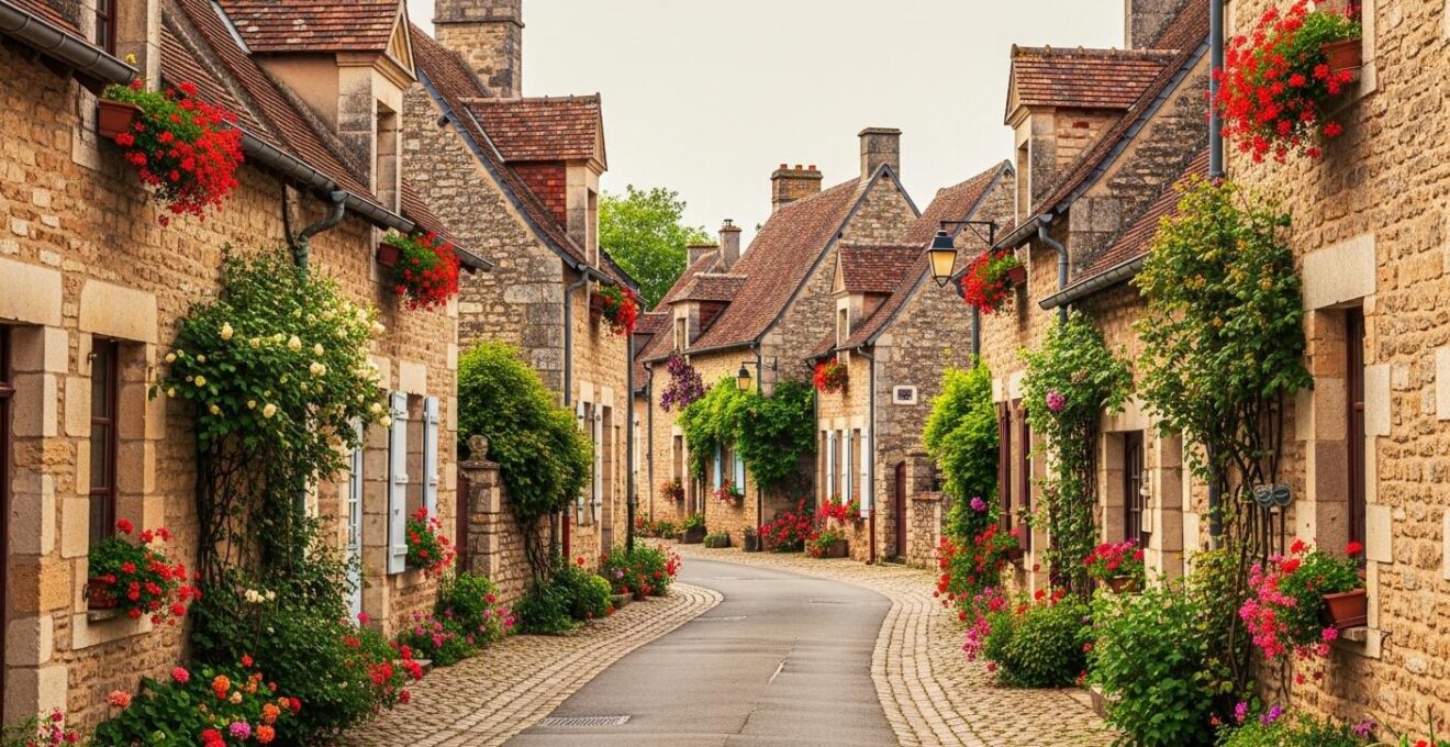 Maisons en pierre typiques d’un village pittoresque du Val de Loire sous une lumière naturelle douce