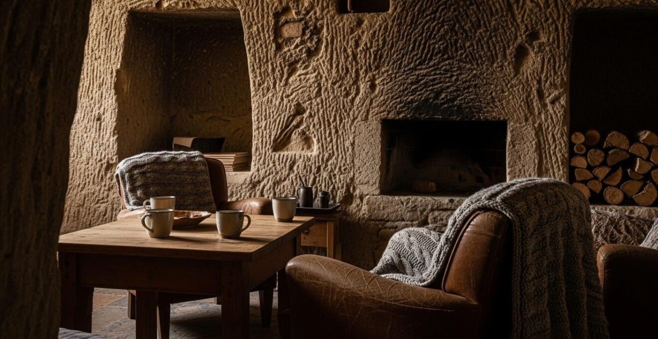 Intérieur chaleureux et authentique d’une maison d’hôtes troglodytique avec pierre apparente et mobilier rustique