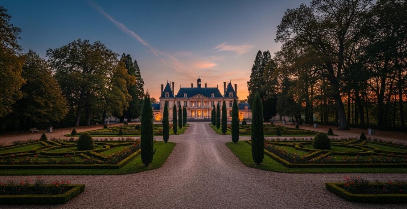 Vue en lumière naturelle d'un manoir historique en Val de Loire entouré de jardins à l'anglaise, évoquant un voyage dans le temps.