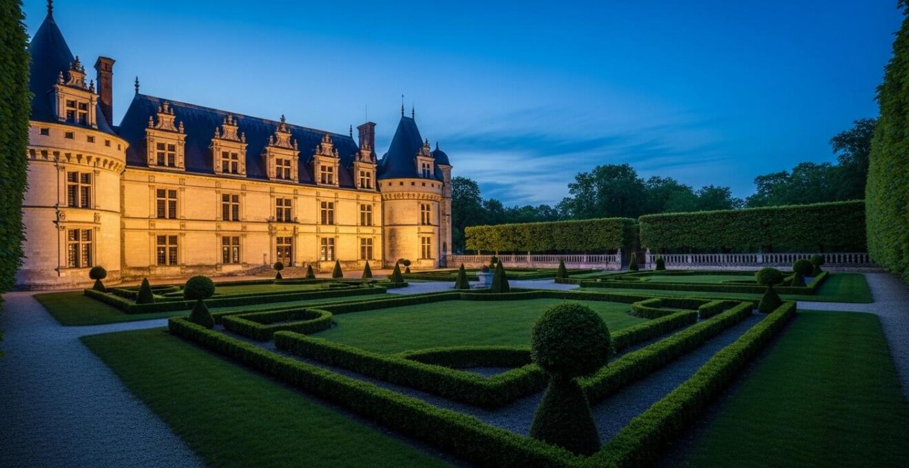 Vue évocatrice d'un manoir historique en Val de Loire au crépuscule avec un jardin ancien et une lumière chaude