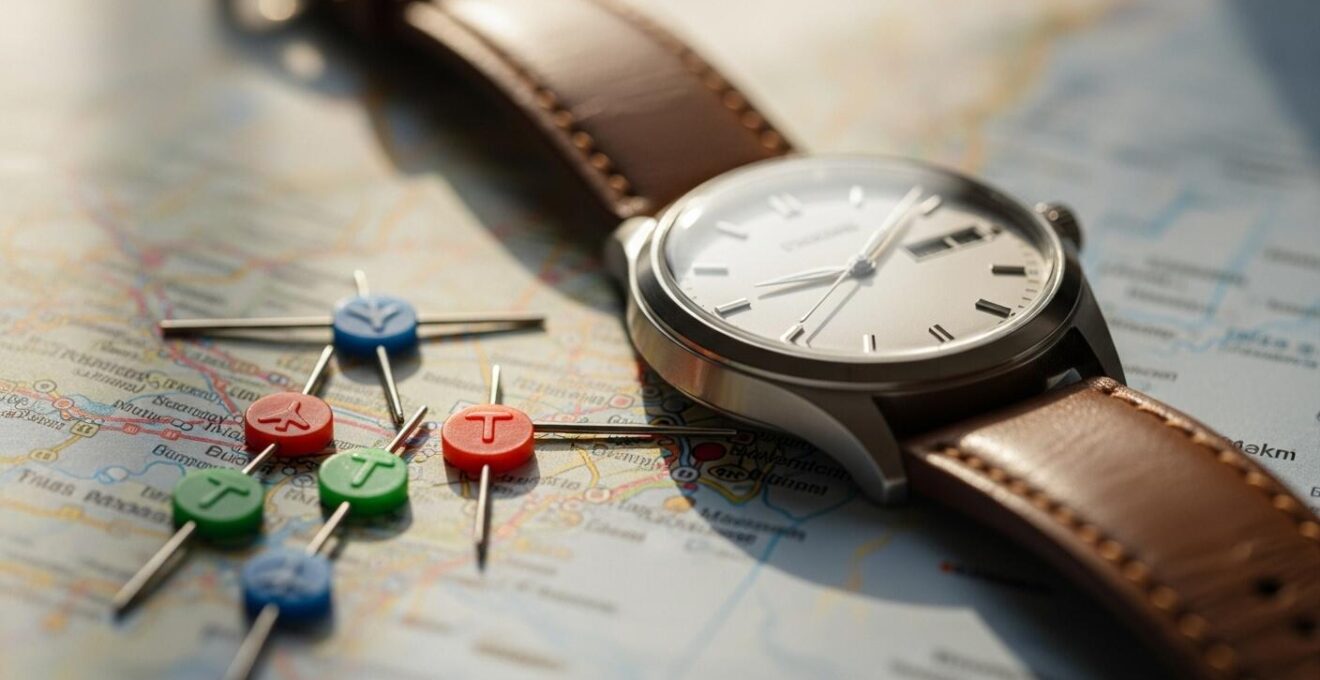 Détail photographique d’une montre et d’un plan d’itinéraire avec éléments symbolisant l’optimisation du temps