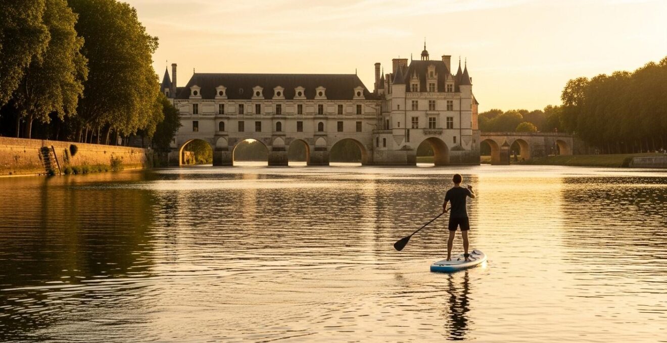 Paddle sur la rivière au coucher du soleil avec le Château de Chenonceau en arrière-plan