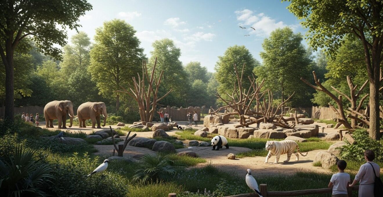 Vue panoramique d'un parc animalier en Val de Loire avec animaux libres et visiteurs respectueux