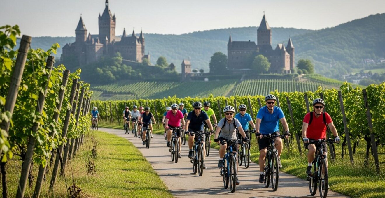 Cyclistes sur une piste cyclable entre vignobles et chateaux en Val de Loire