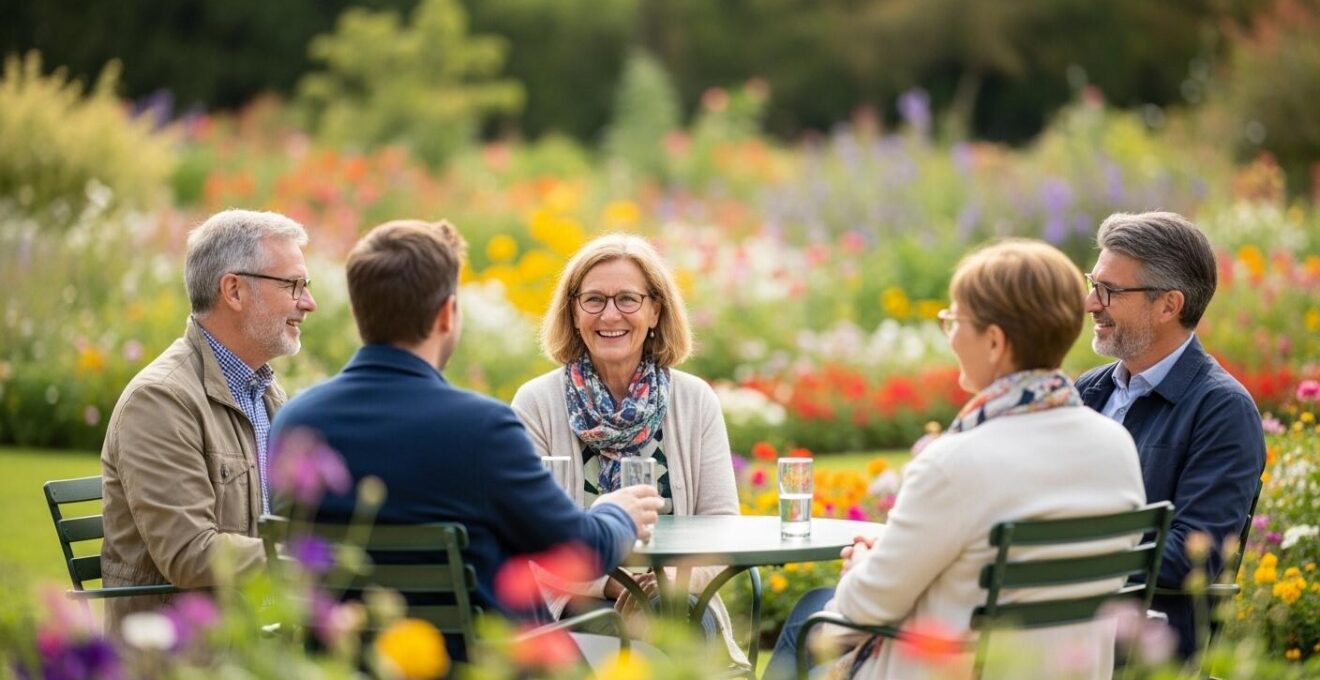 Scène photographique d’un groupe de visiteurs profitant d’un déjeuner en plein air dans un jardin paisible du Val de Loire