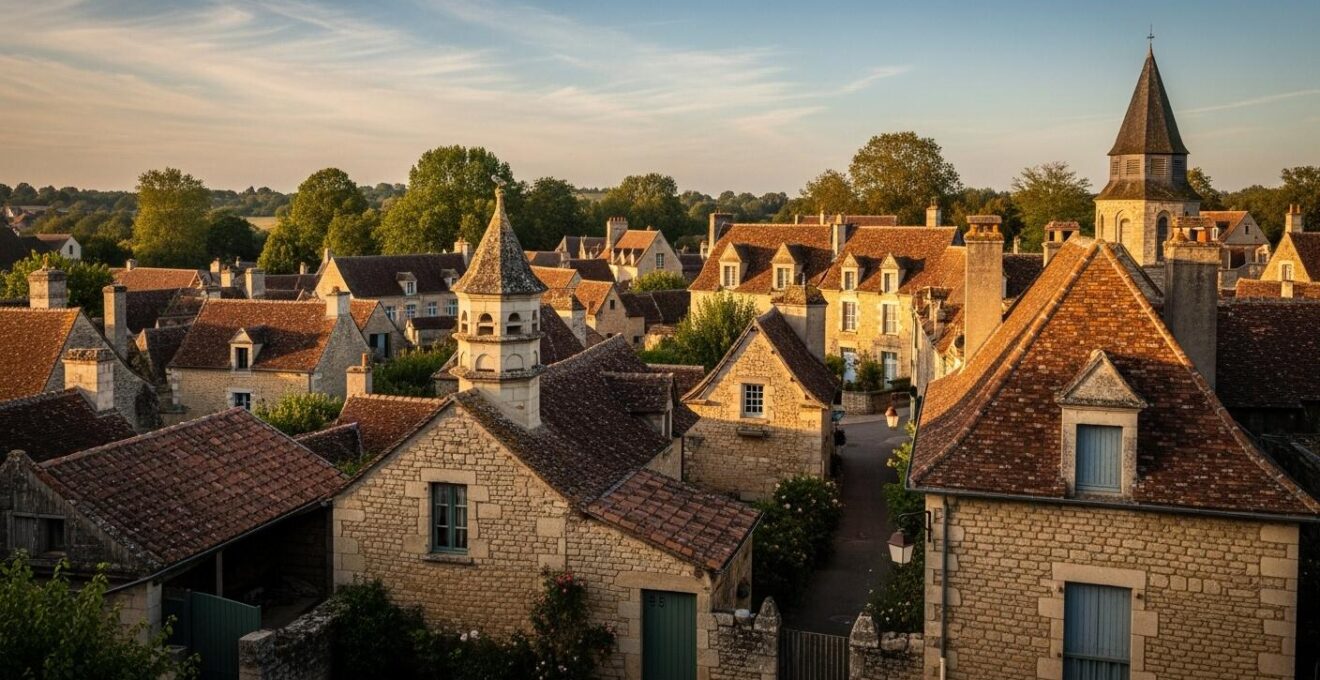 Vue panoramique d’un petit village historique typique du Val de Loire avec architecture traditionnelle en pierre