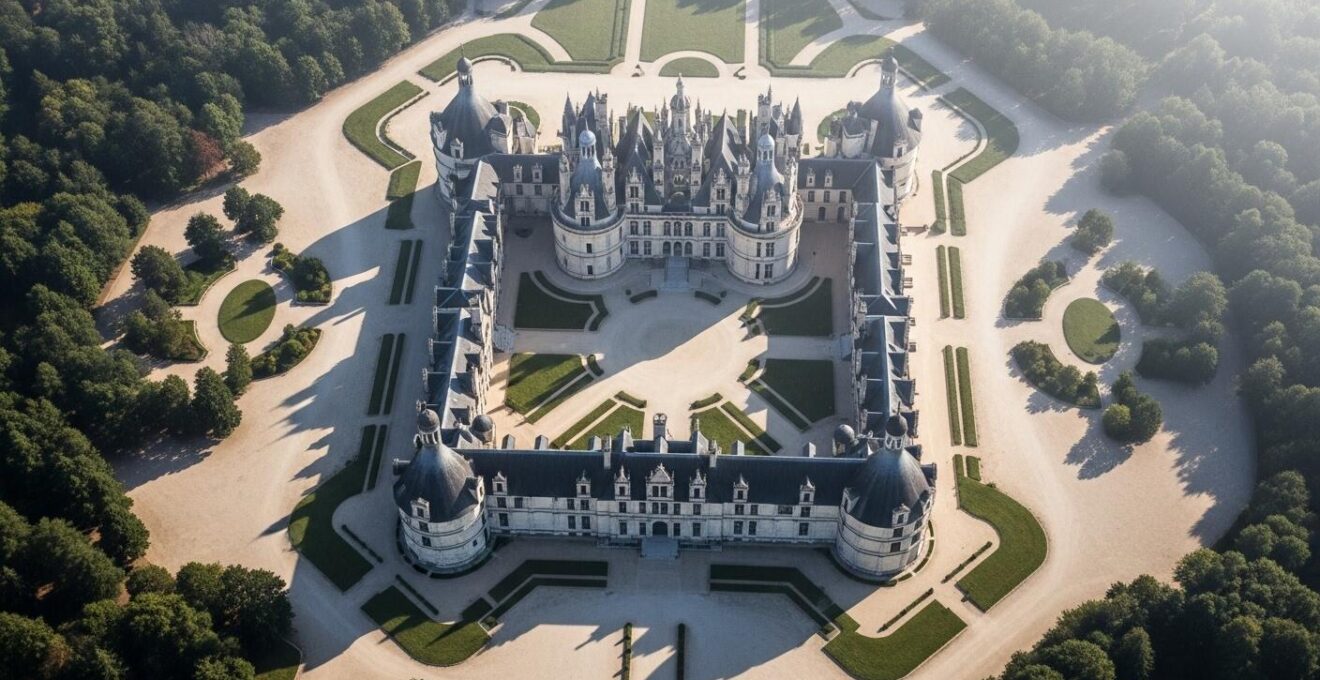 Vue aérienne stylisée du plan centré et symétrique du château de Chambord