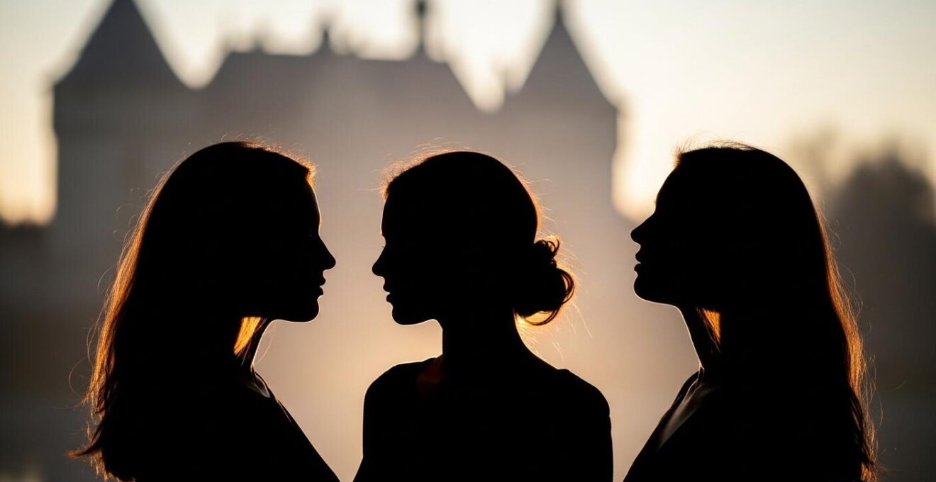 Illustration symbolique du triangle amoureux avec trois silhouettes féminines en ombre chinoise et un château en arrière-plan