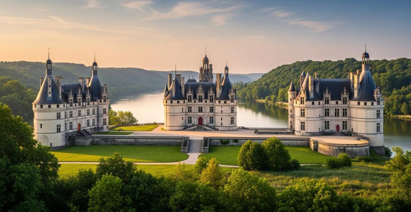 Photographie réaliste d'une vue panoramique au lever du soleil sur trois châteaux emblématiques de la Renaissance en Val de Loire avec une Loire scintillante en arrière-plan