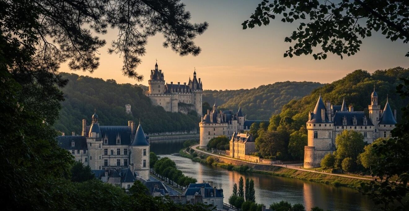 Vue panoramique de la vallée de la Loire avec châteaux et nature au coucher du soleil