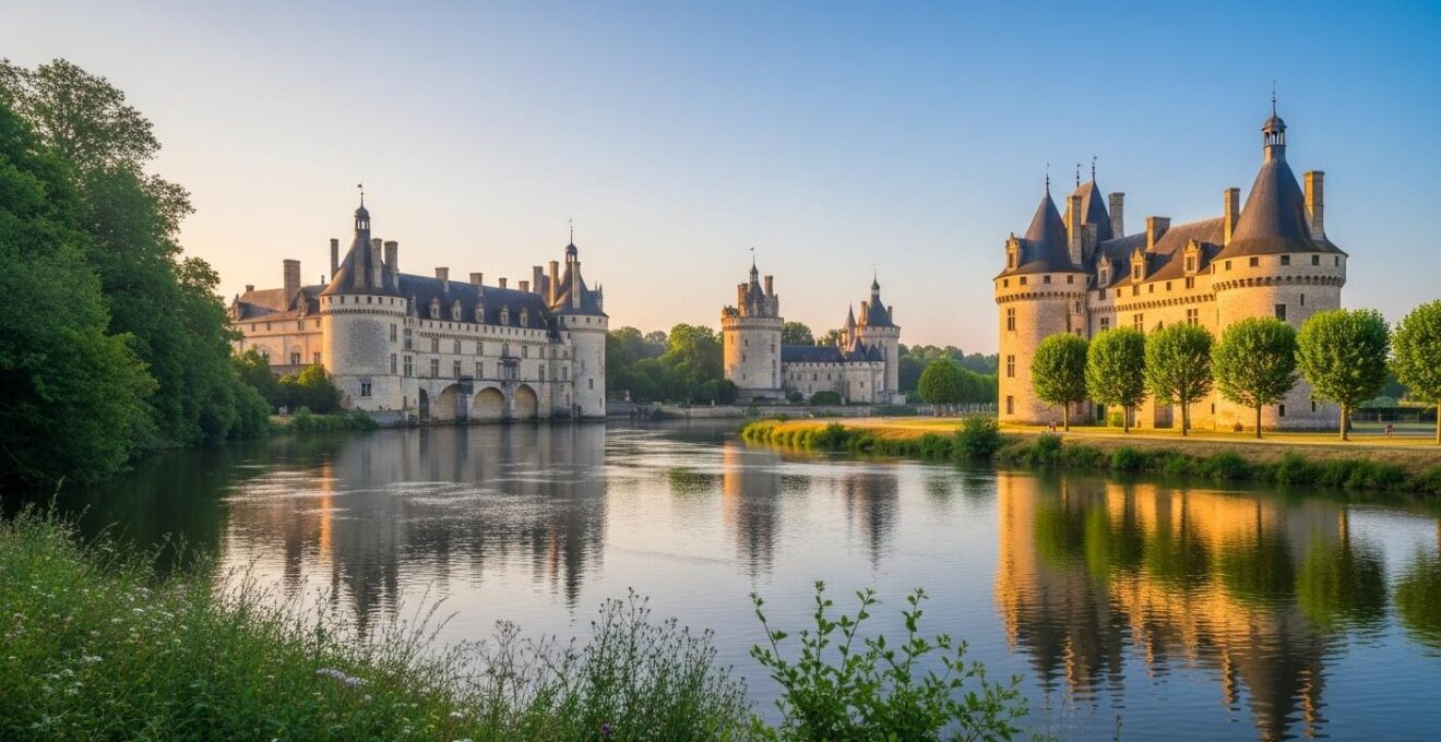 Vue panoramique réaliste d'un paysage du Val de Loire avec plusieurs châteaux au bord d'une rivière, sous une lumière naturelle douce