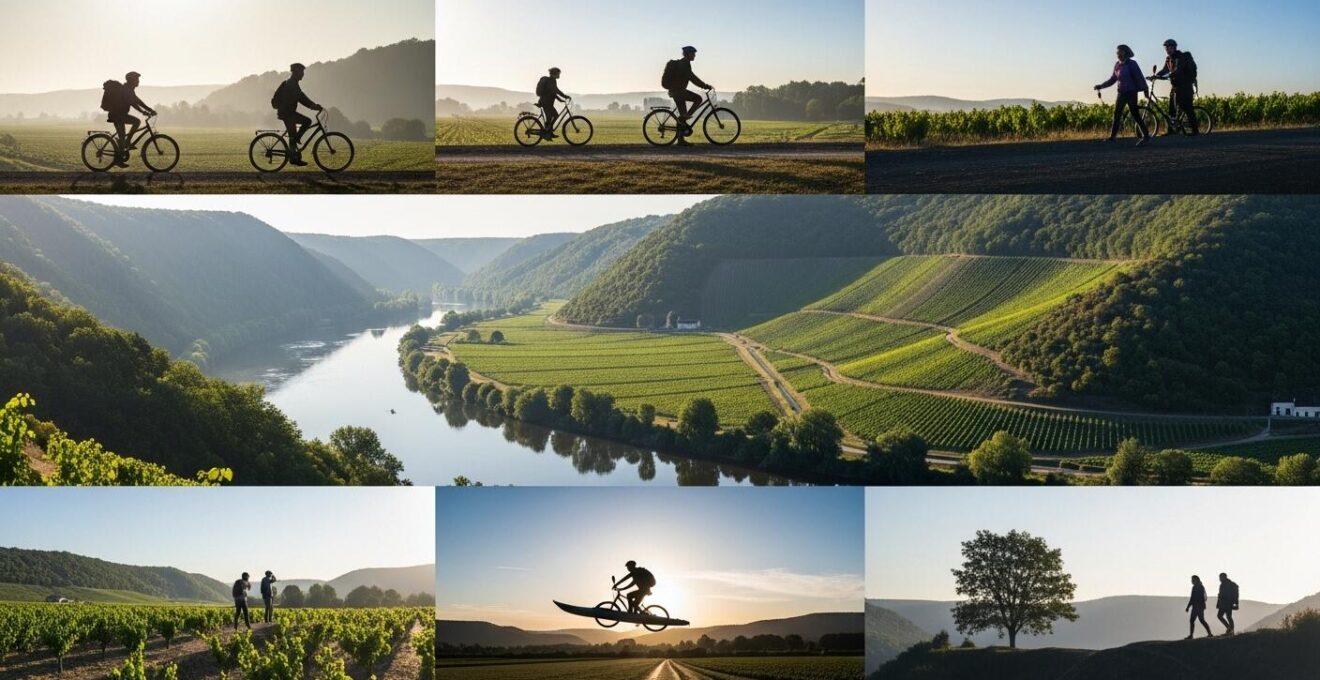 Panorama naturel du Val de Loire avec riviere, forets, coteaux viticoles et personnages en activites de plein air